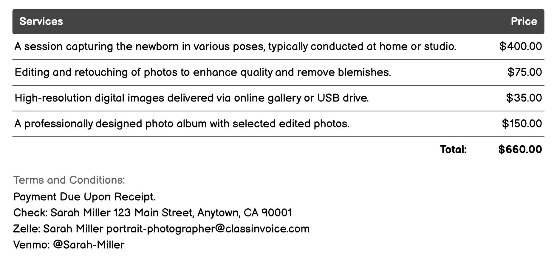 Newborn Photography Invoice Example