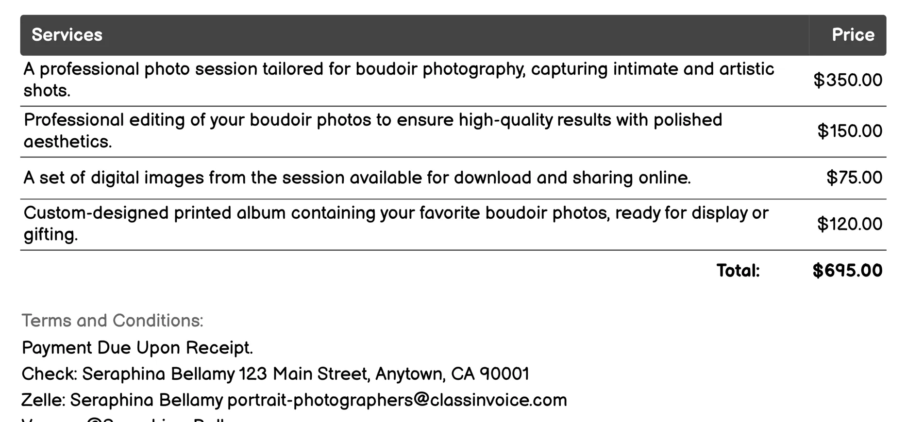 Boudoir Photography Invoice Example