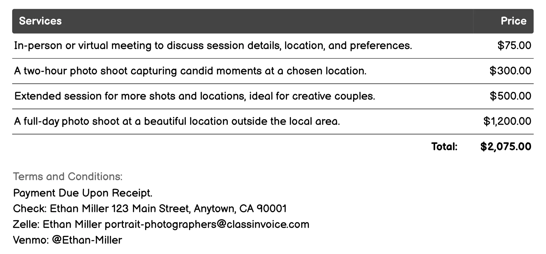 Engagement Sessions Invoice Example