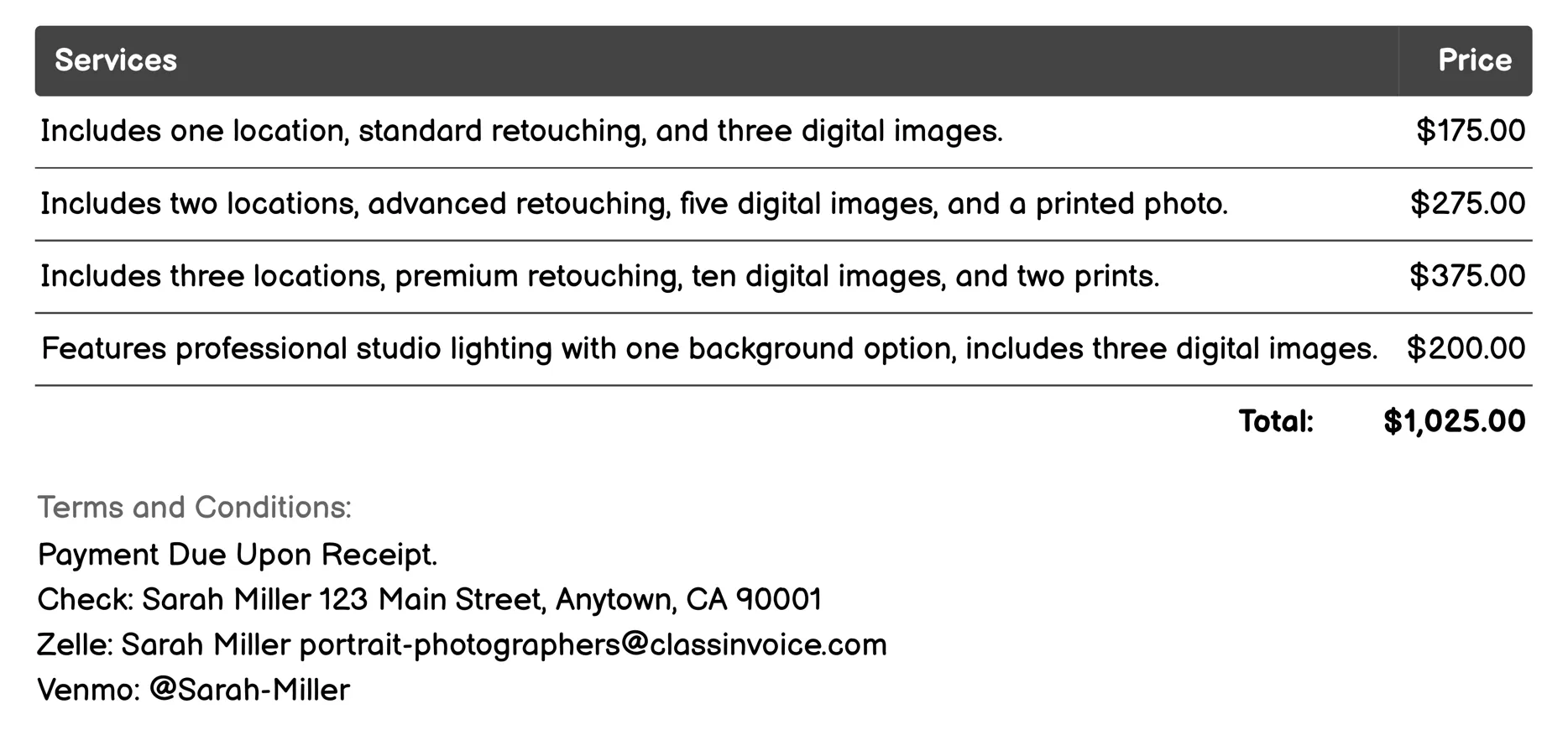 Headshots Invoice Example