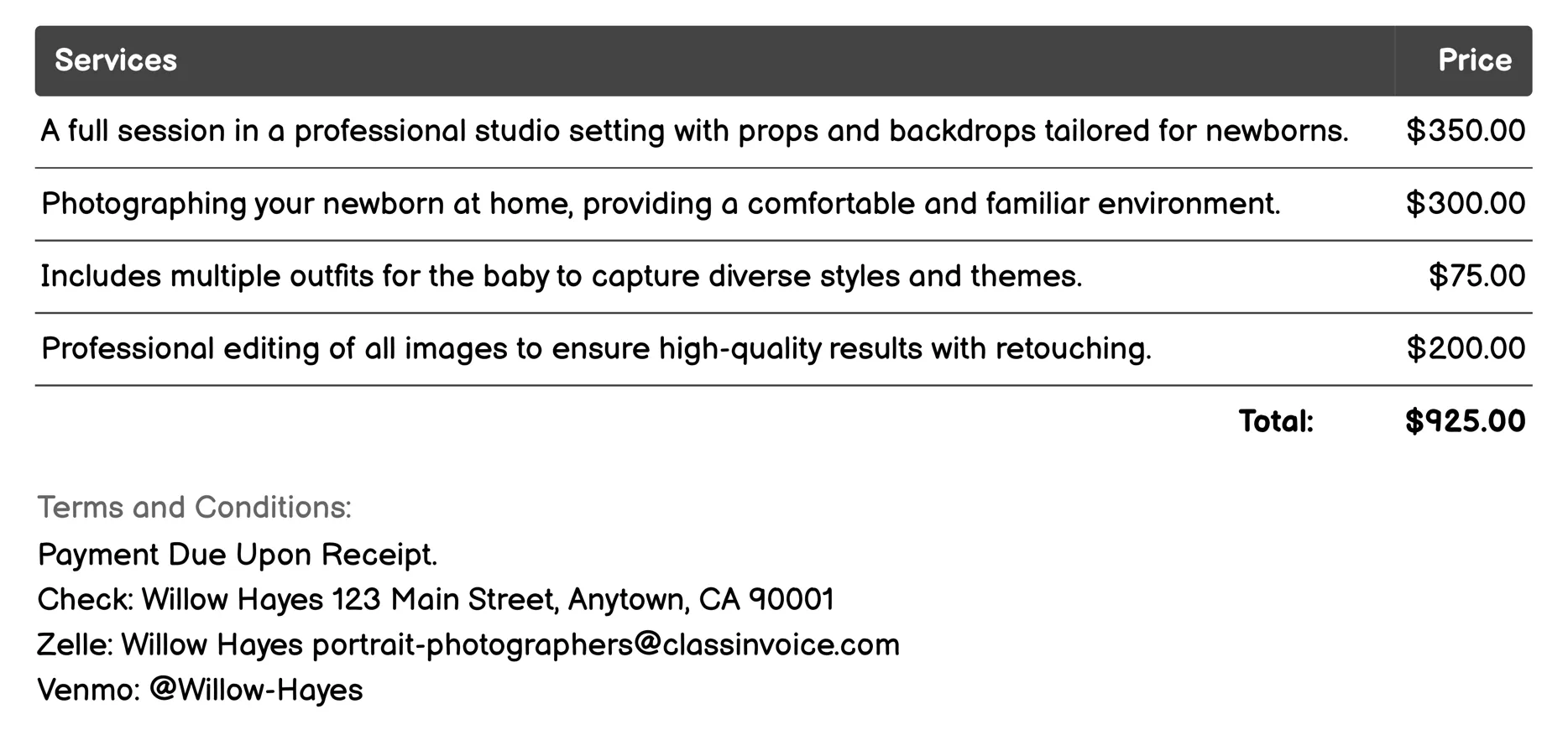 Newborn Photography Invoice Example