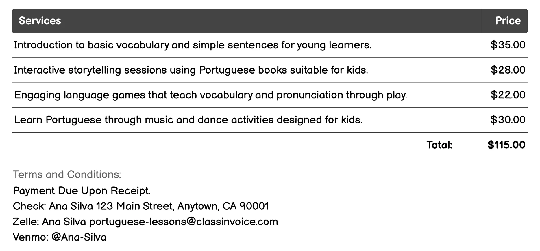 Kids & Teen Portuguese Classes Invoice Example