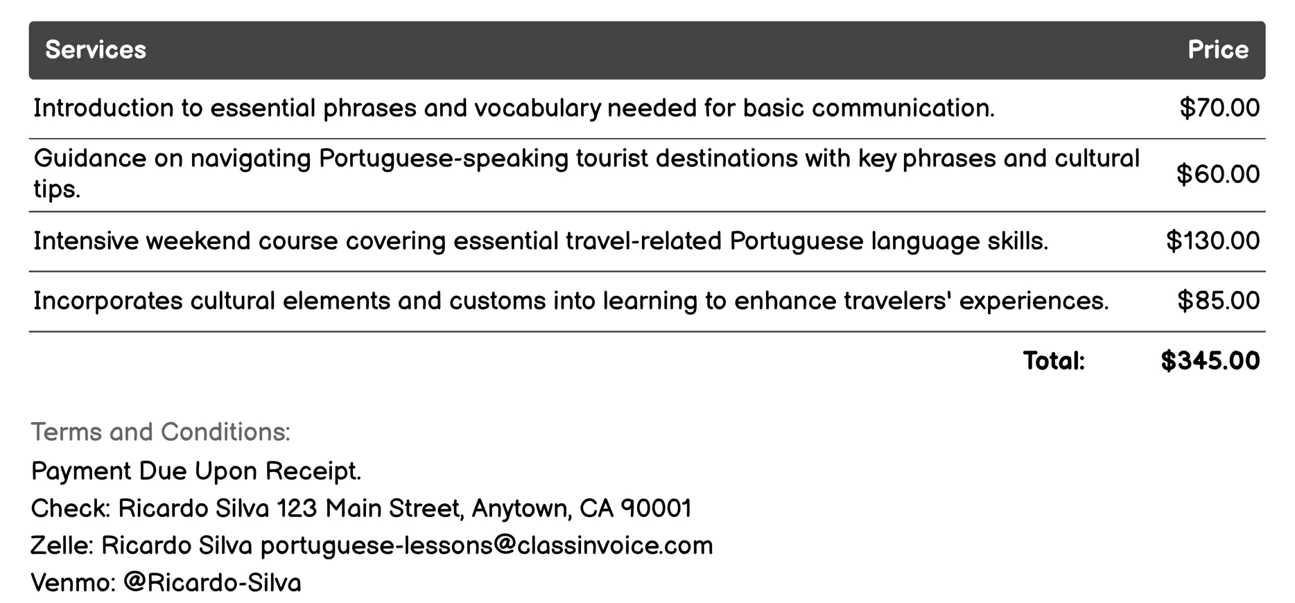 Portuguese for Travelers Invoice Example