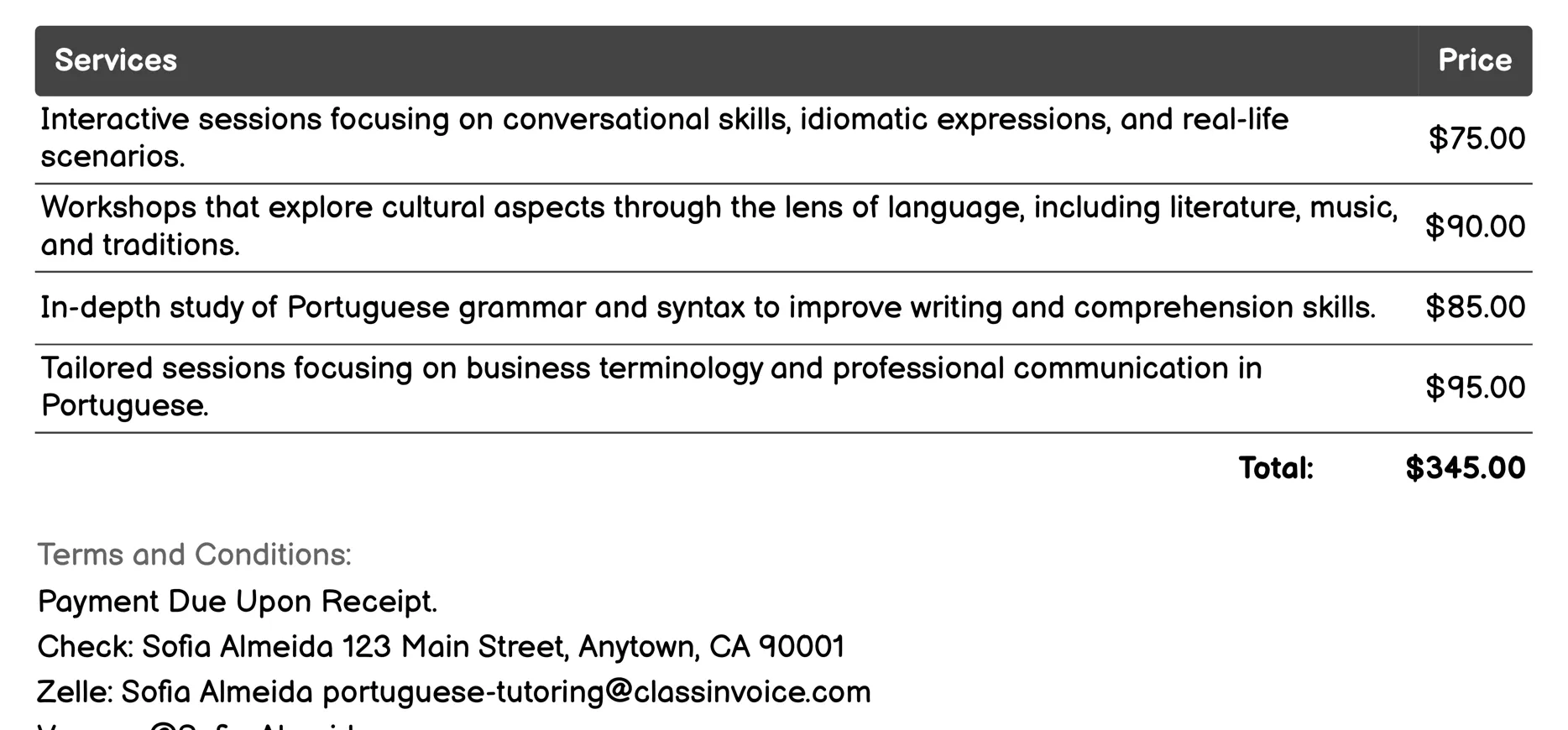 Cultural Immersion Classes Invoice Example