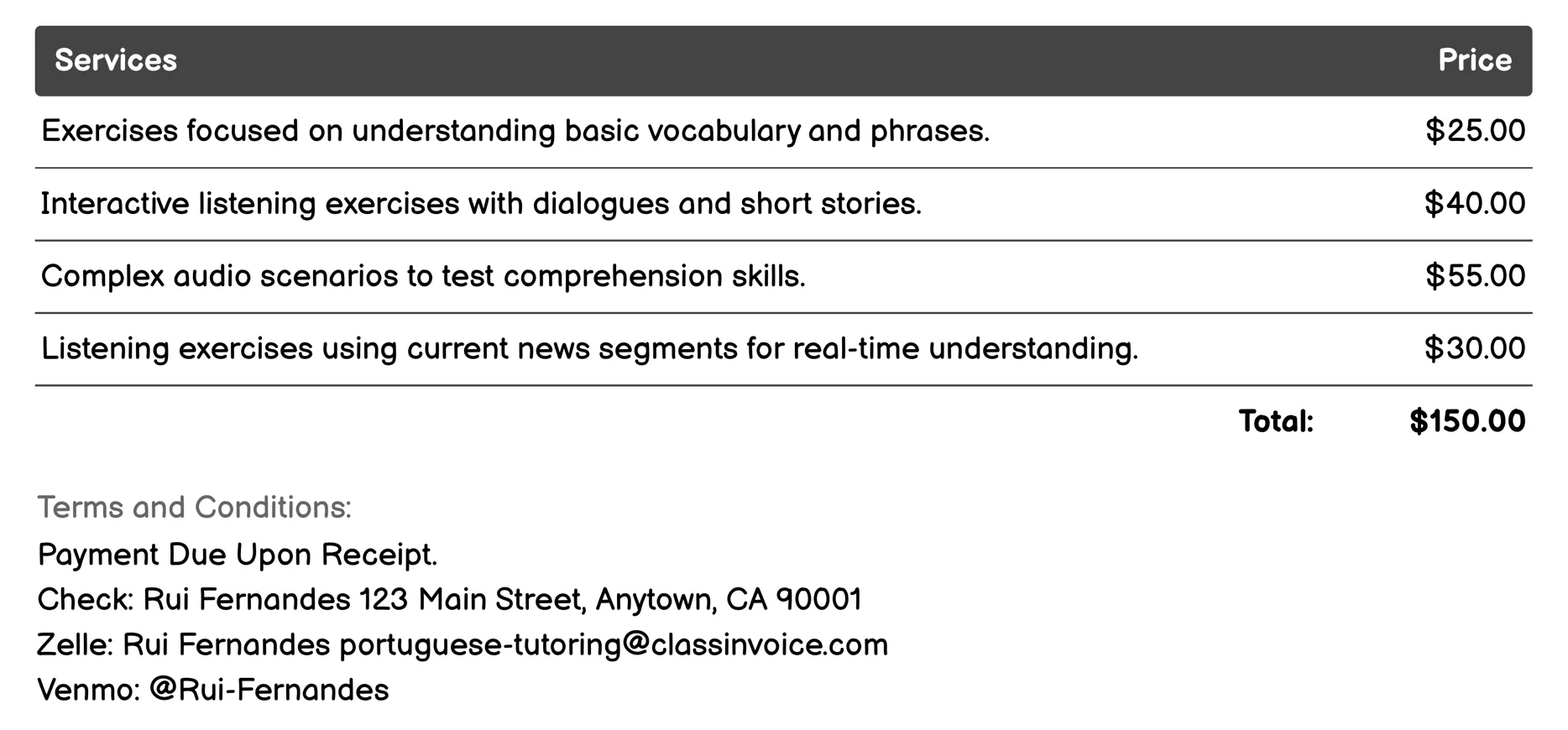 Listening Exercises Invoice Example