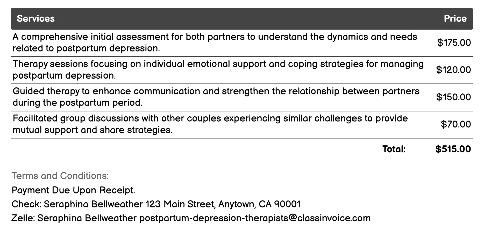 Couples Counseling Invoice Example