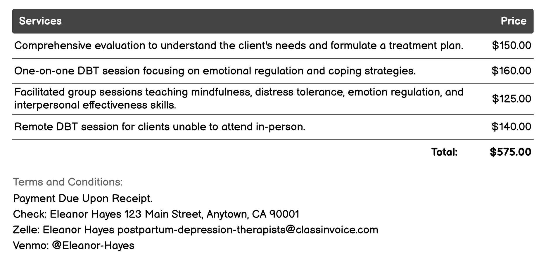 Dialectical Behavior Therapy (DBT) Invoice Example