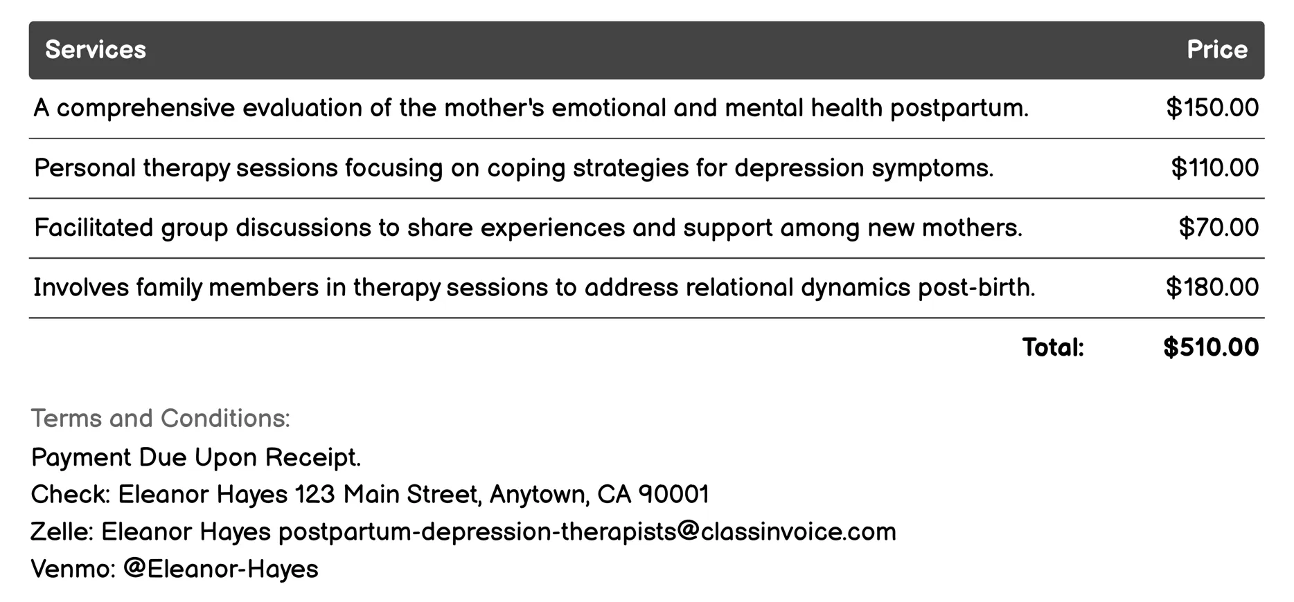 Family Counseling Invoice Example