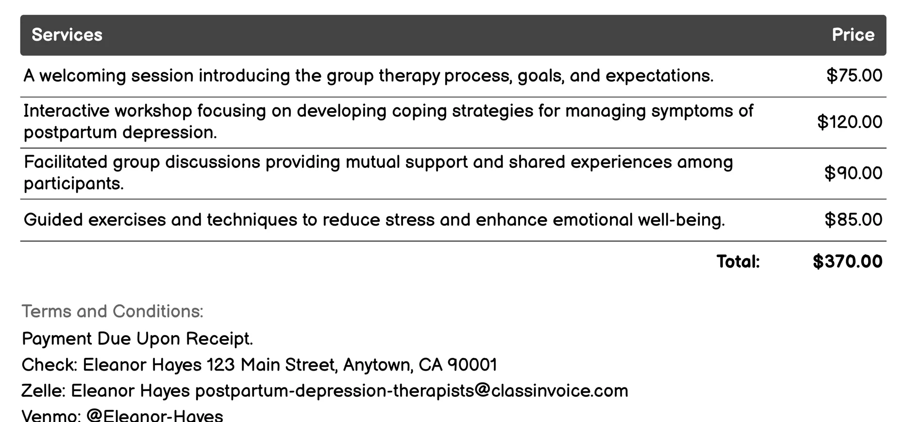 Group Therapy Invoice Example