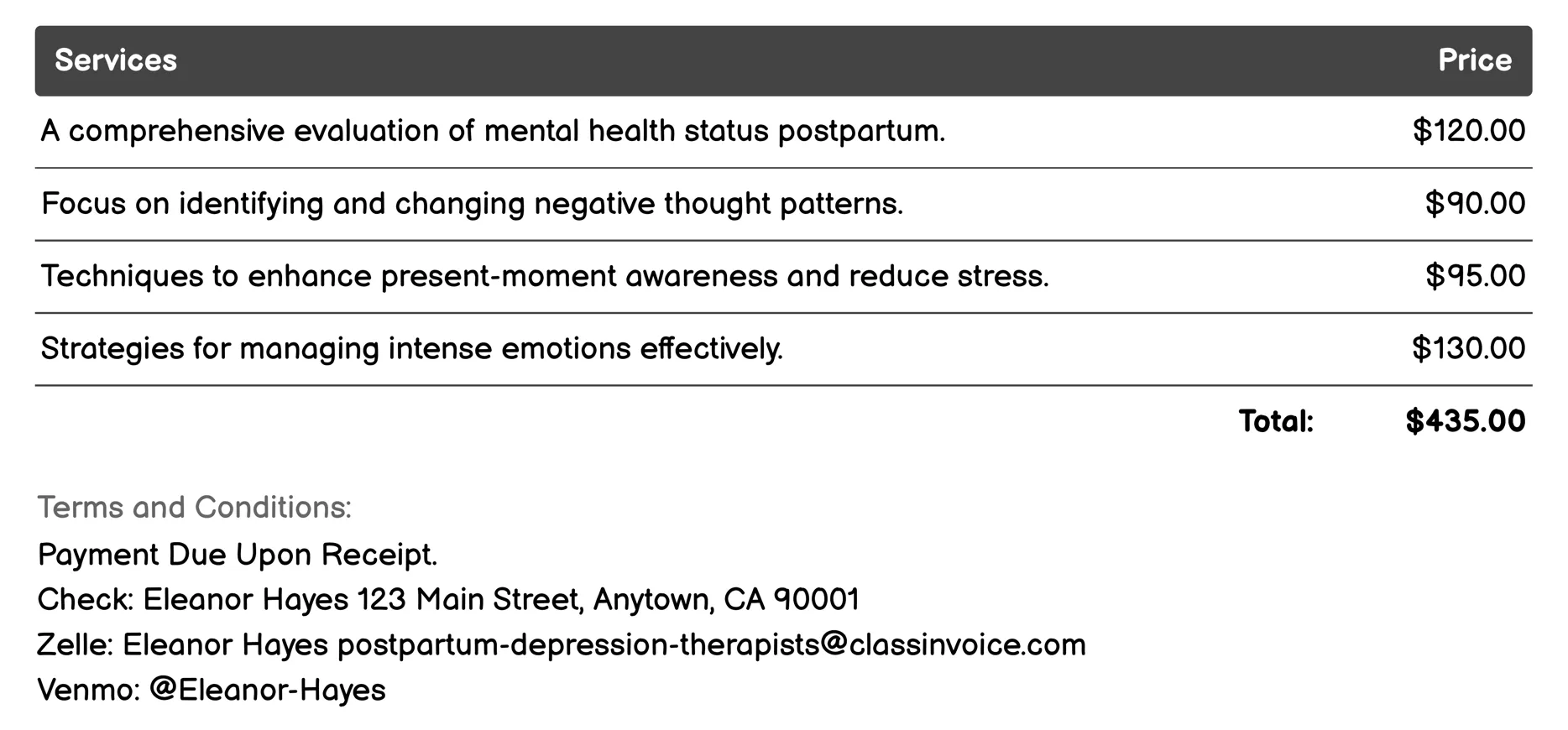 Individual Therapy Invoice Example