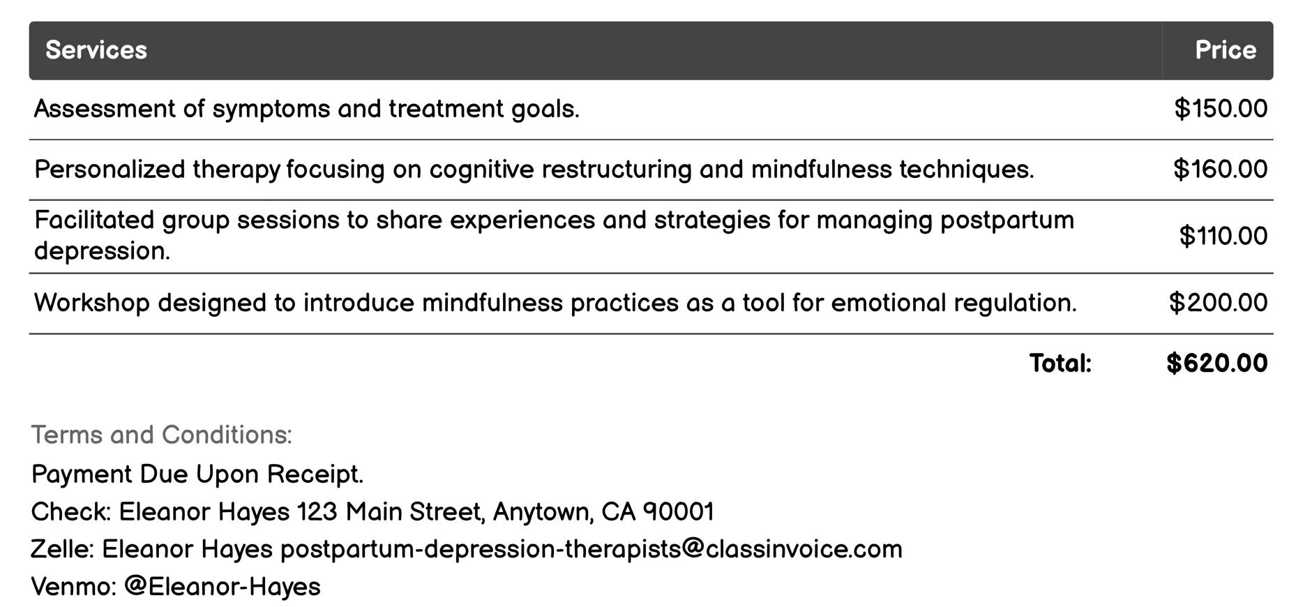 Mindfulness-Based Cognitive Therapy Invoice Example