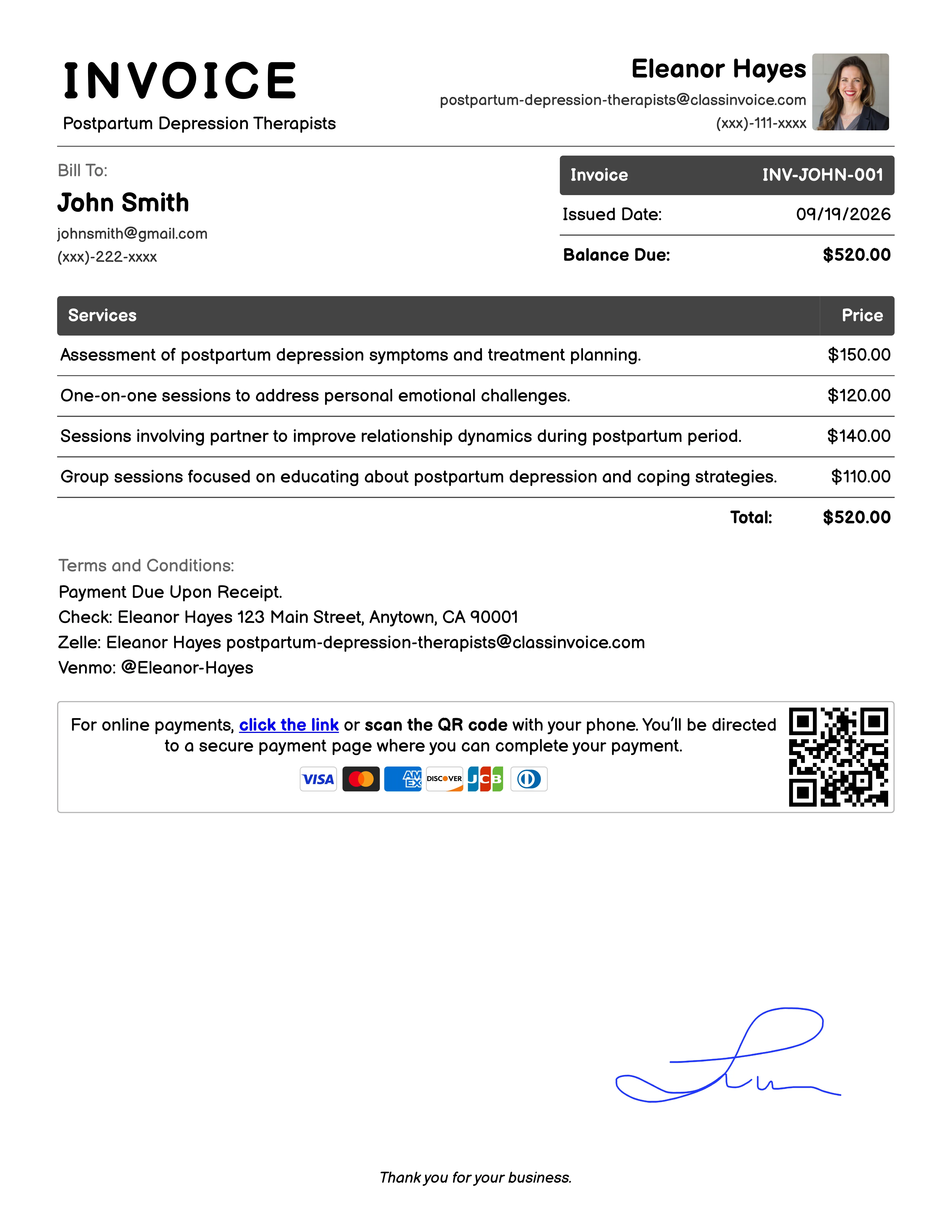 Postpartum Depression Therapists Invoice Example