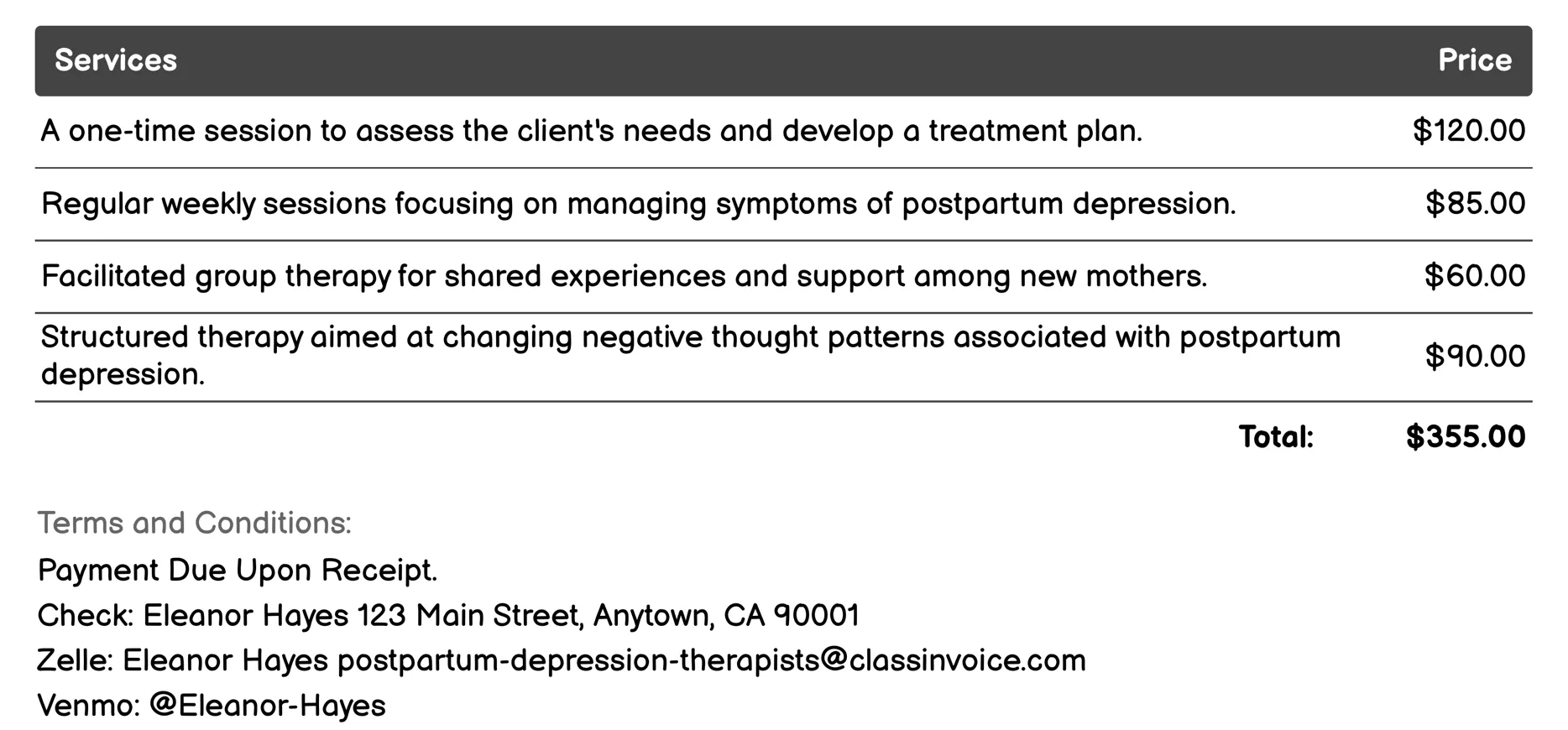 Teletherapy Invoice Example