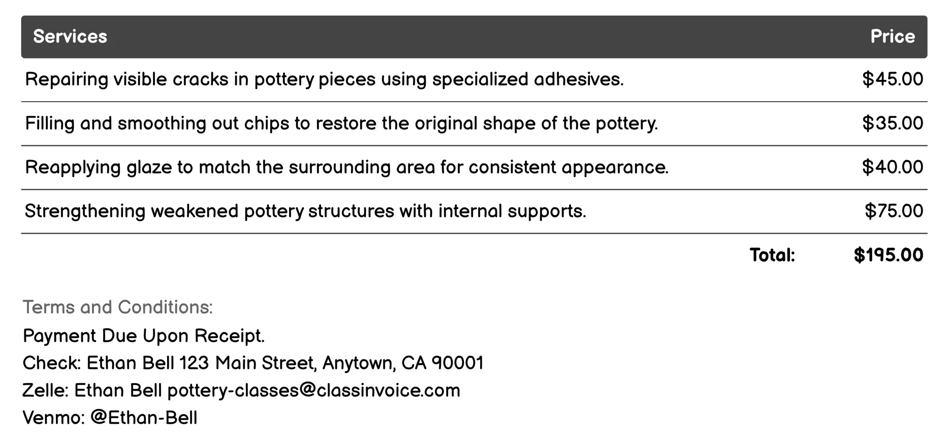 Pottery Repair & Restoration Invoice Example