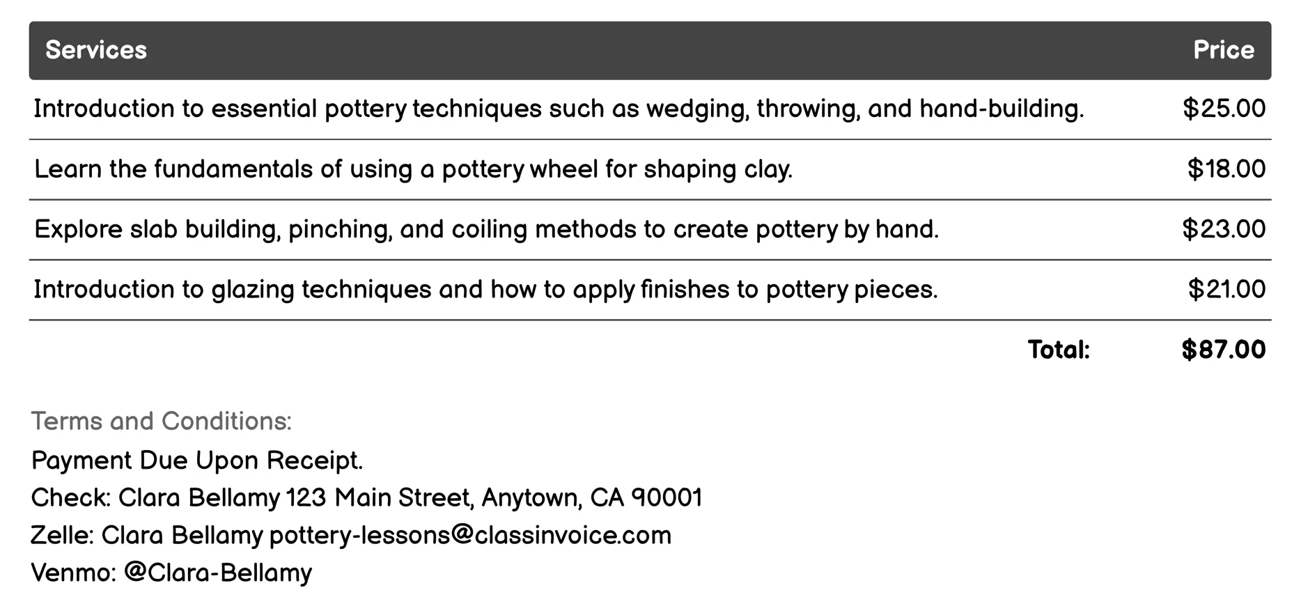 Beginner Pottery Classes Invoice Example