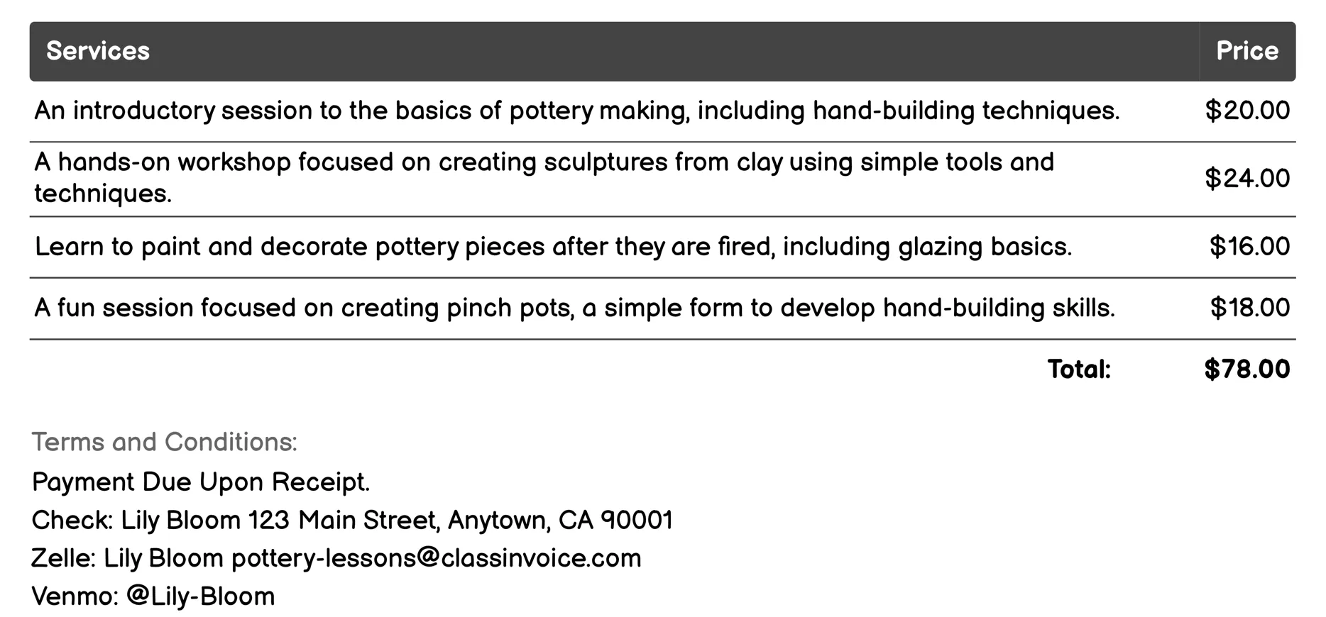 Pottery for Kids Invoice Example