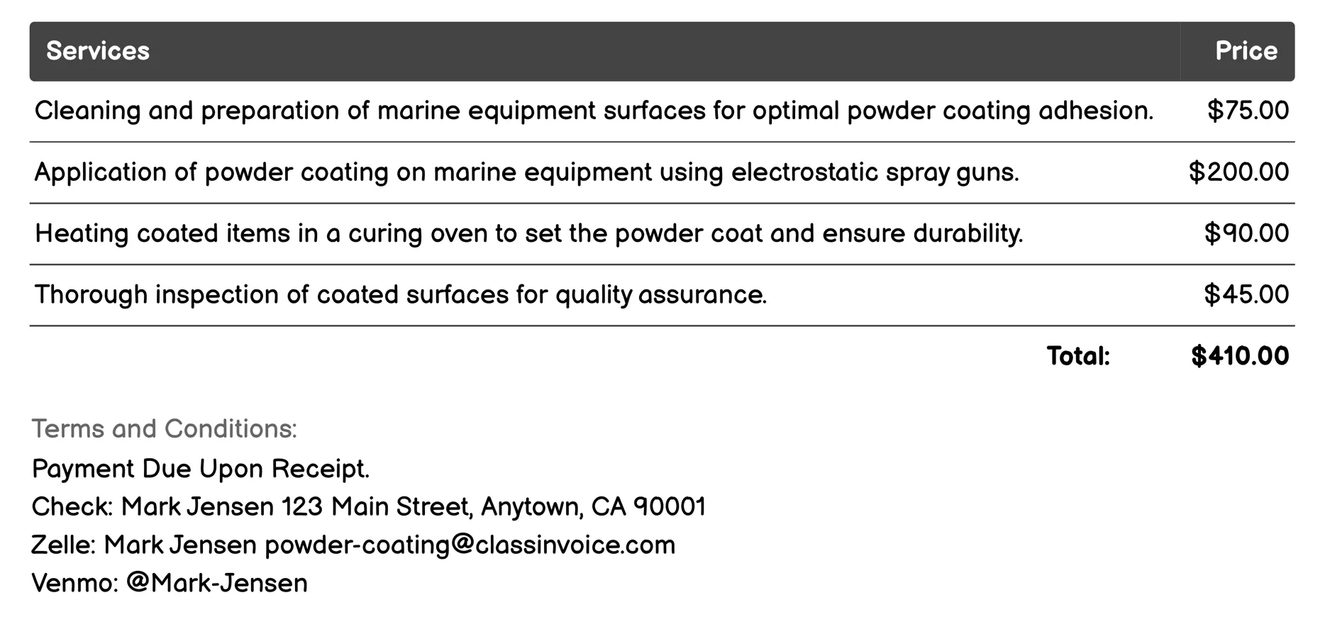 Marine Equipment Powder Coating Invoice Example