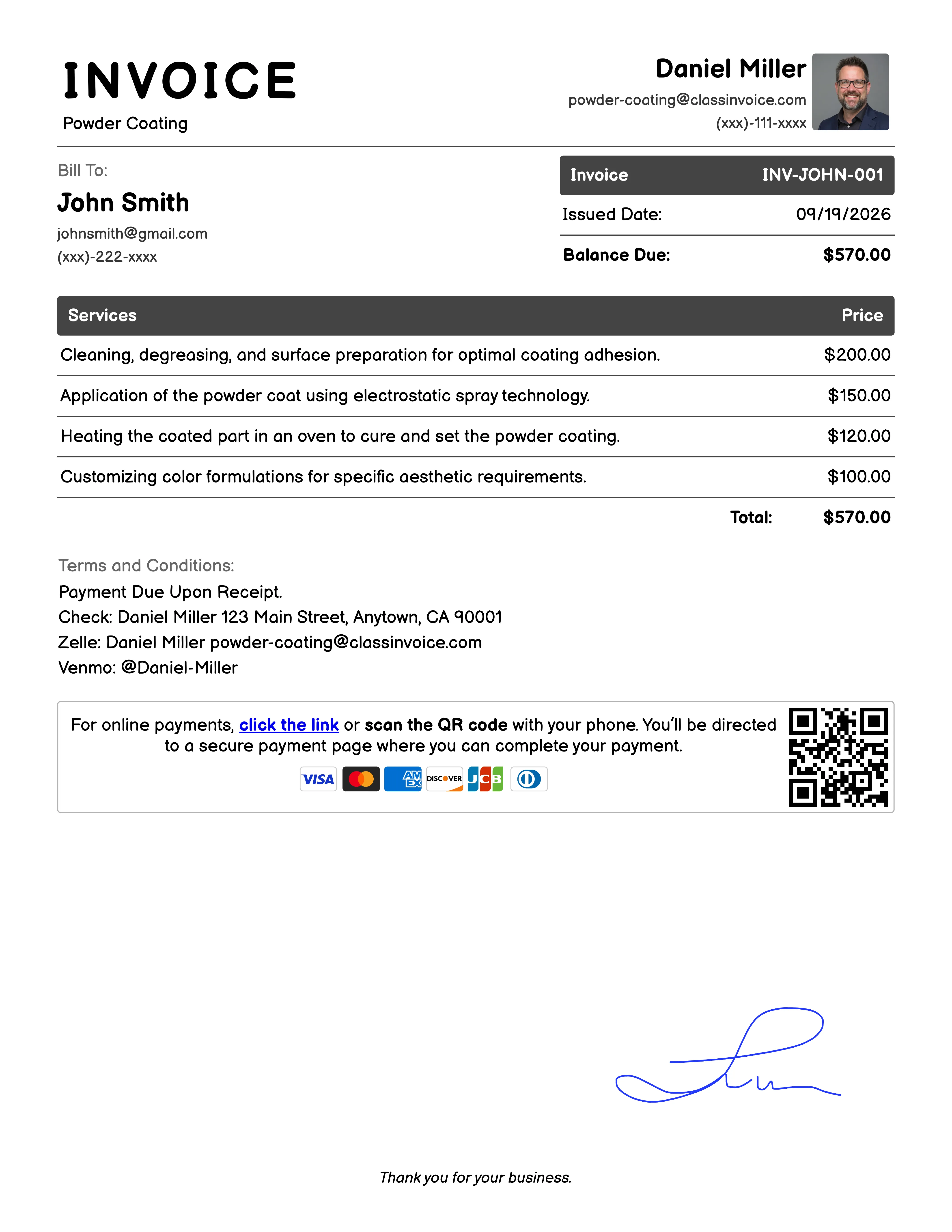 Powder Coating Invoice Example