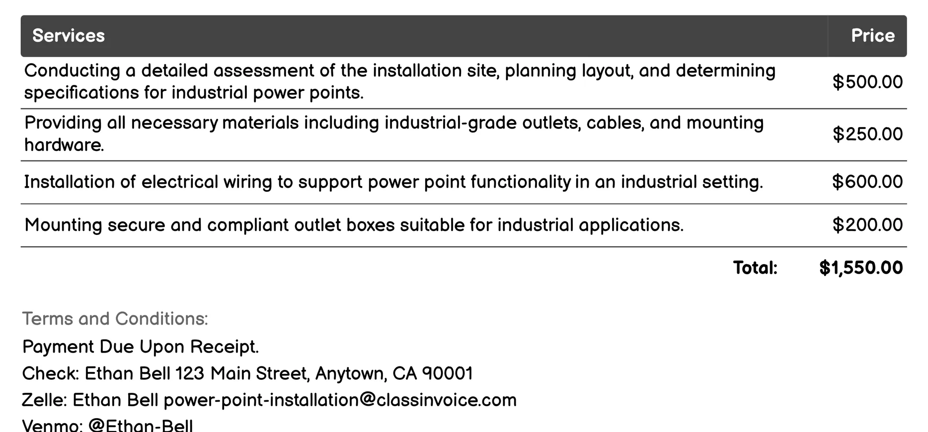 Industrial Power Point Installation Invoice Example