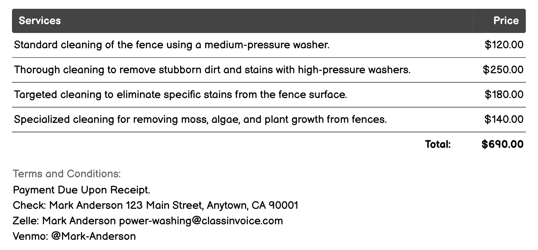 Fence Cleaning Invoice Example