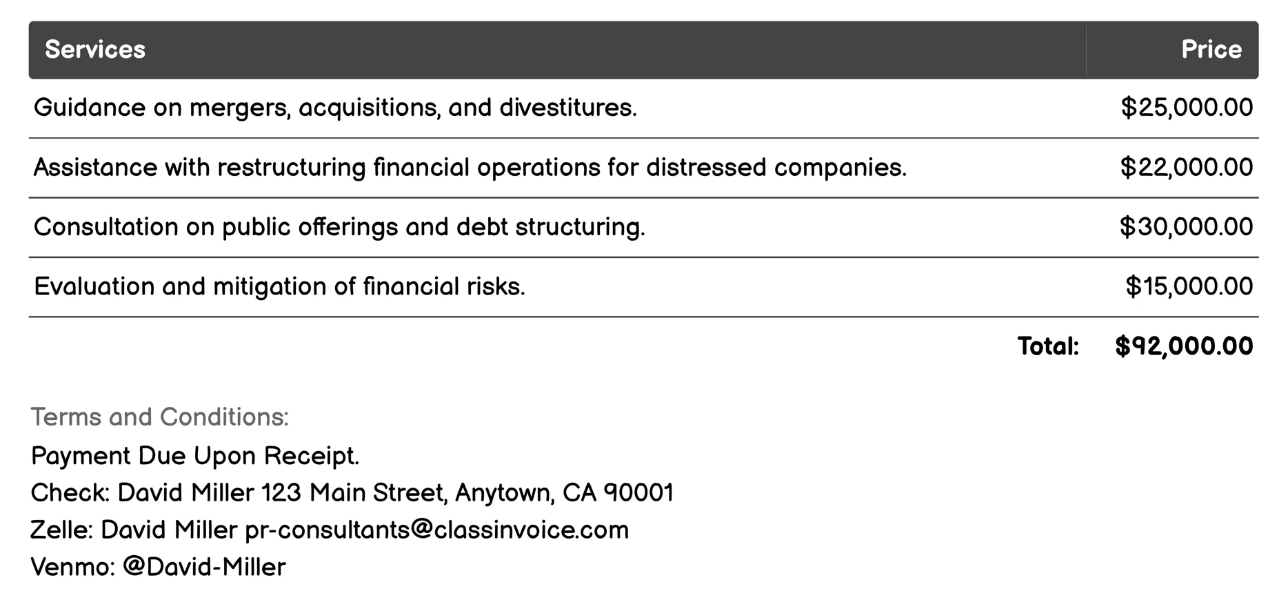 Financial Advisory Services Invoice Example