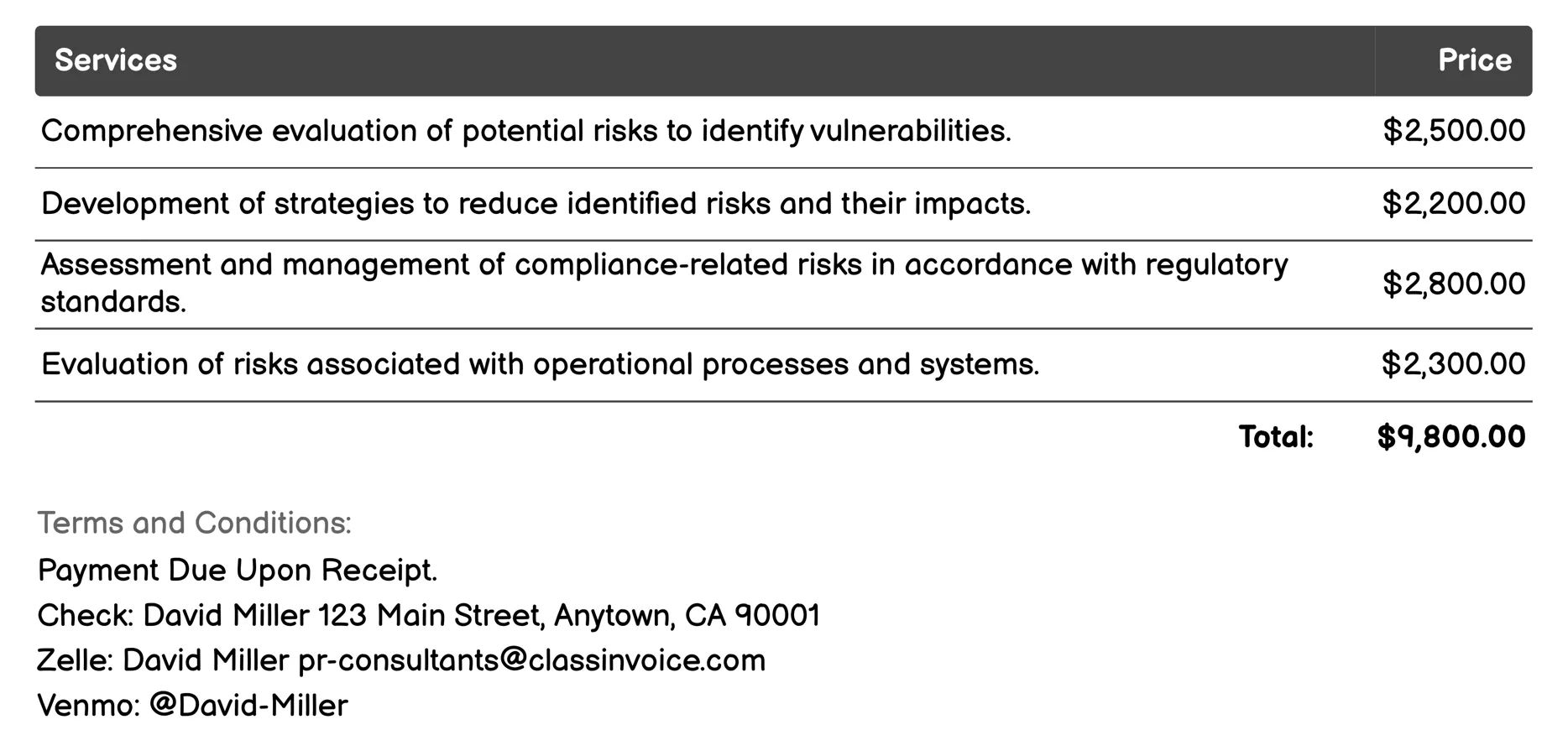 Risk Management Consulting Invoice Example