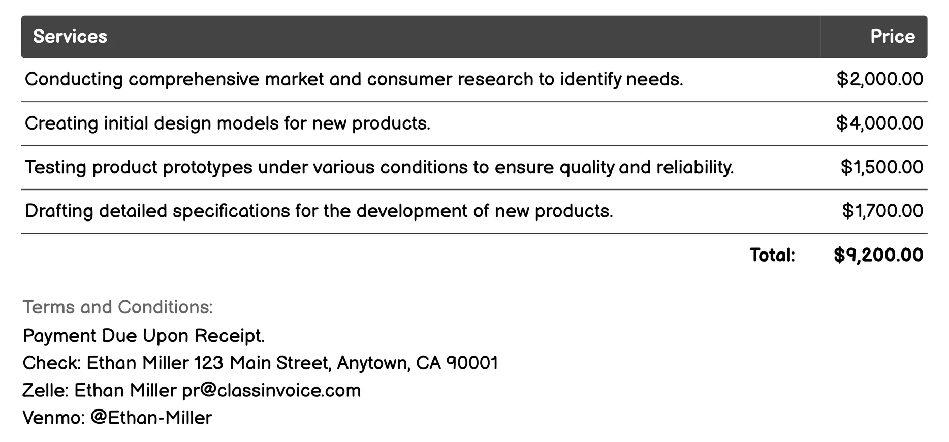 Product Development Invoice Example