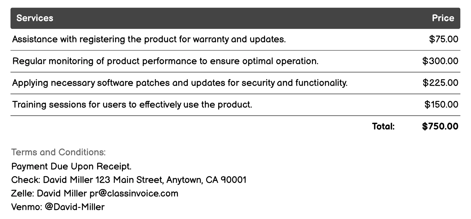 Product Support Invoice Example