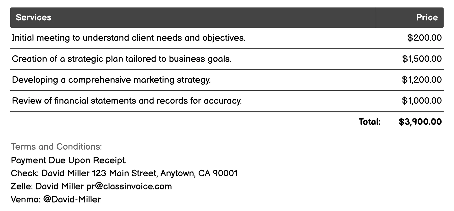Professional Services Invoice Example
