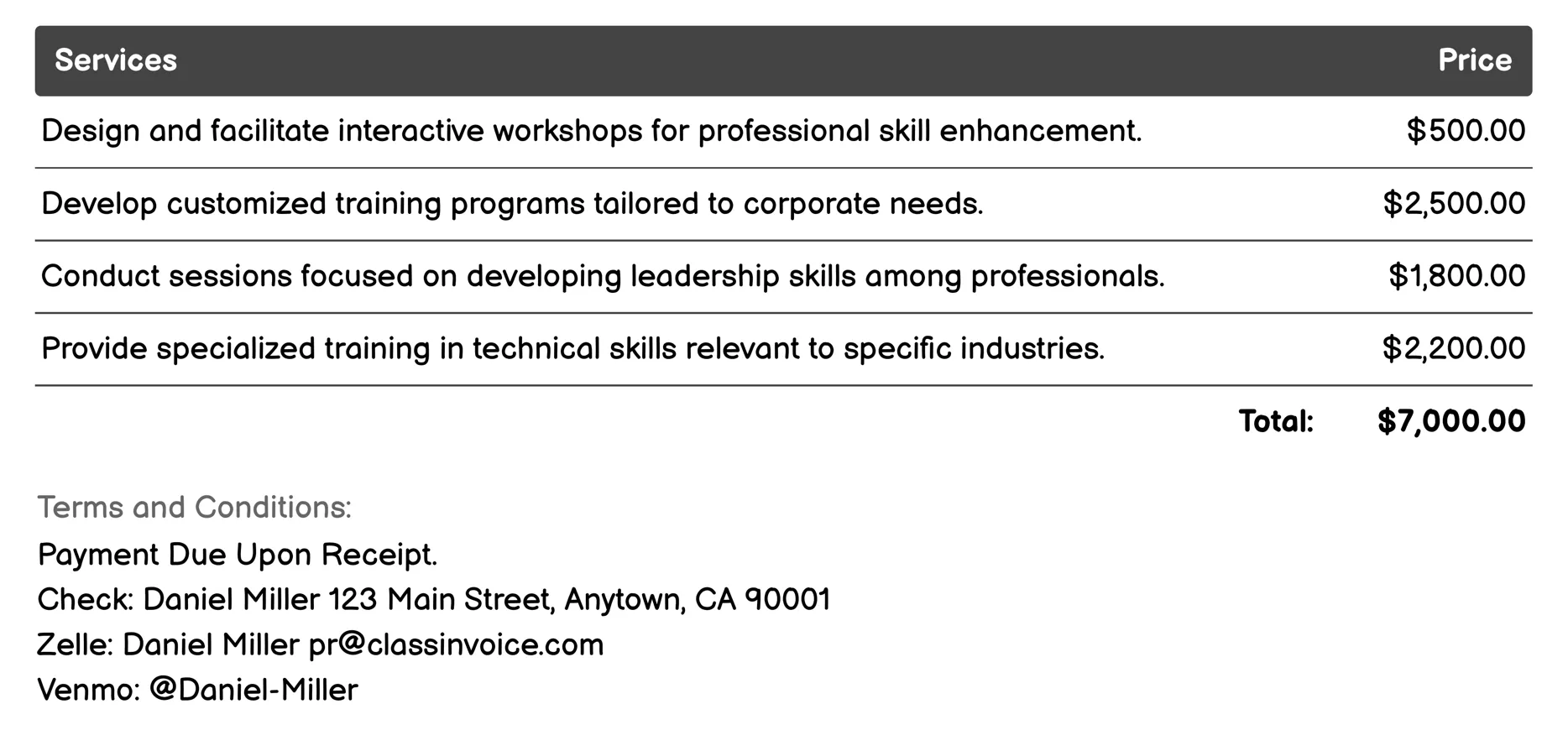 Professional Training Invoice Example