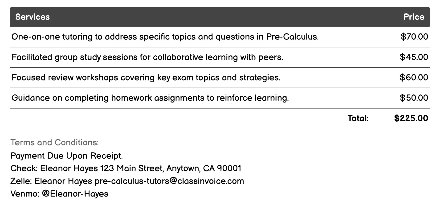 Exam Preparation Invoice Example