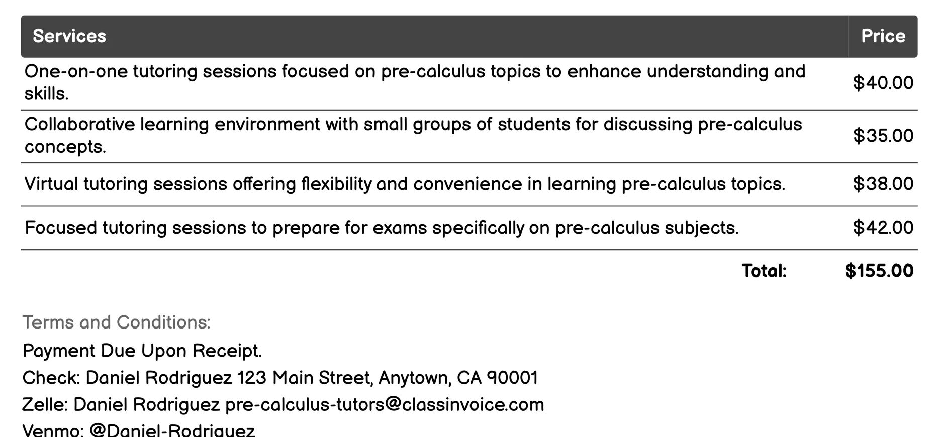 Math Skill Development Invoice Example