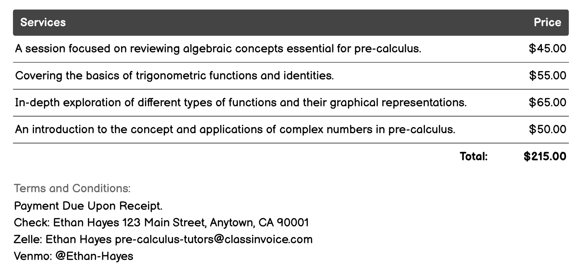 Supplemental Instruction Invoice Example