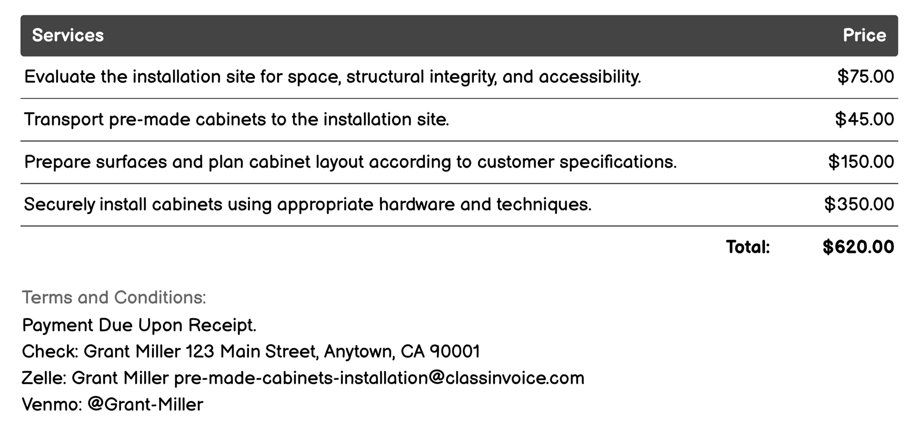 Barn or Storage Shed Cabinet Installation Invoice Example