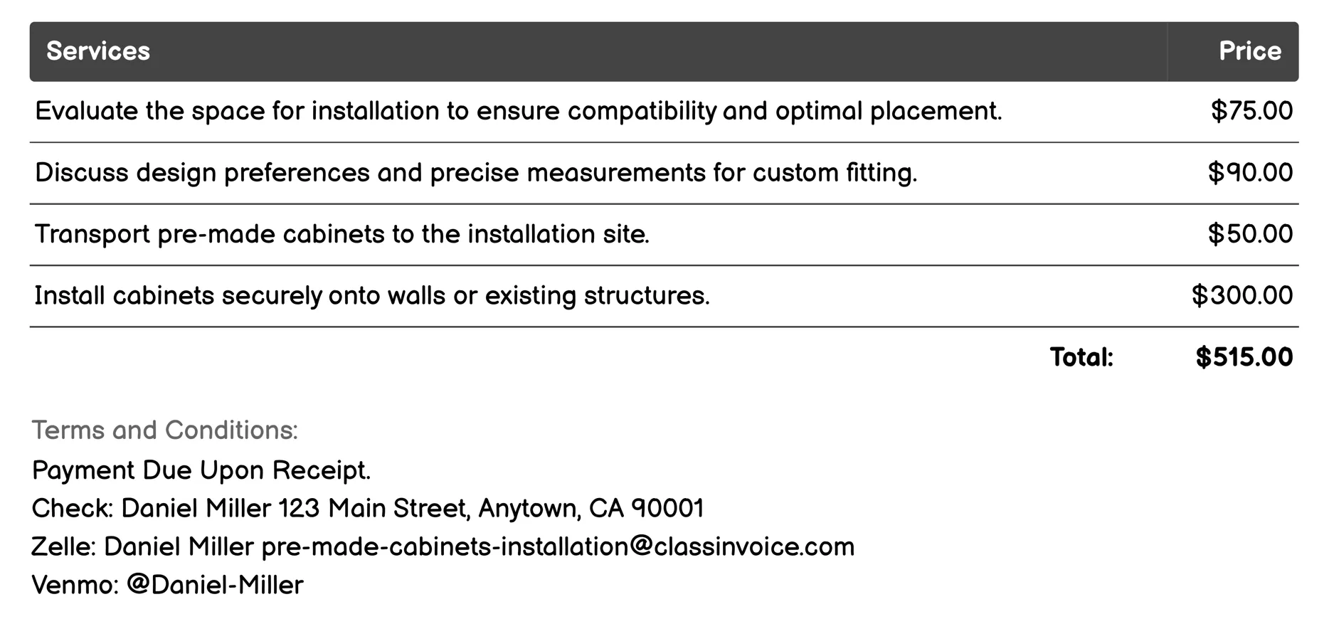 Built-In Entertainment Unit Installation Invoice Example