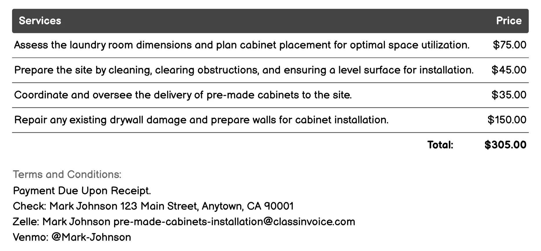 Laundry Room Cabinet Setup Invoice Example