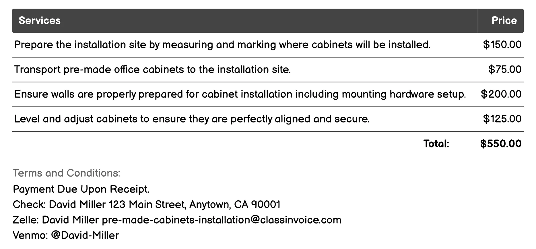 Office Cabinet Installation Invoice Example