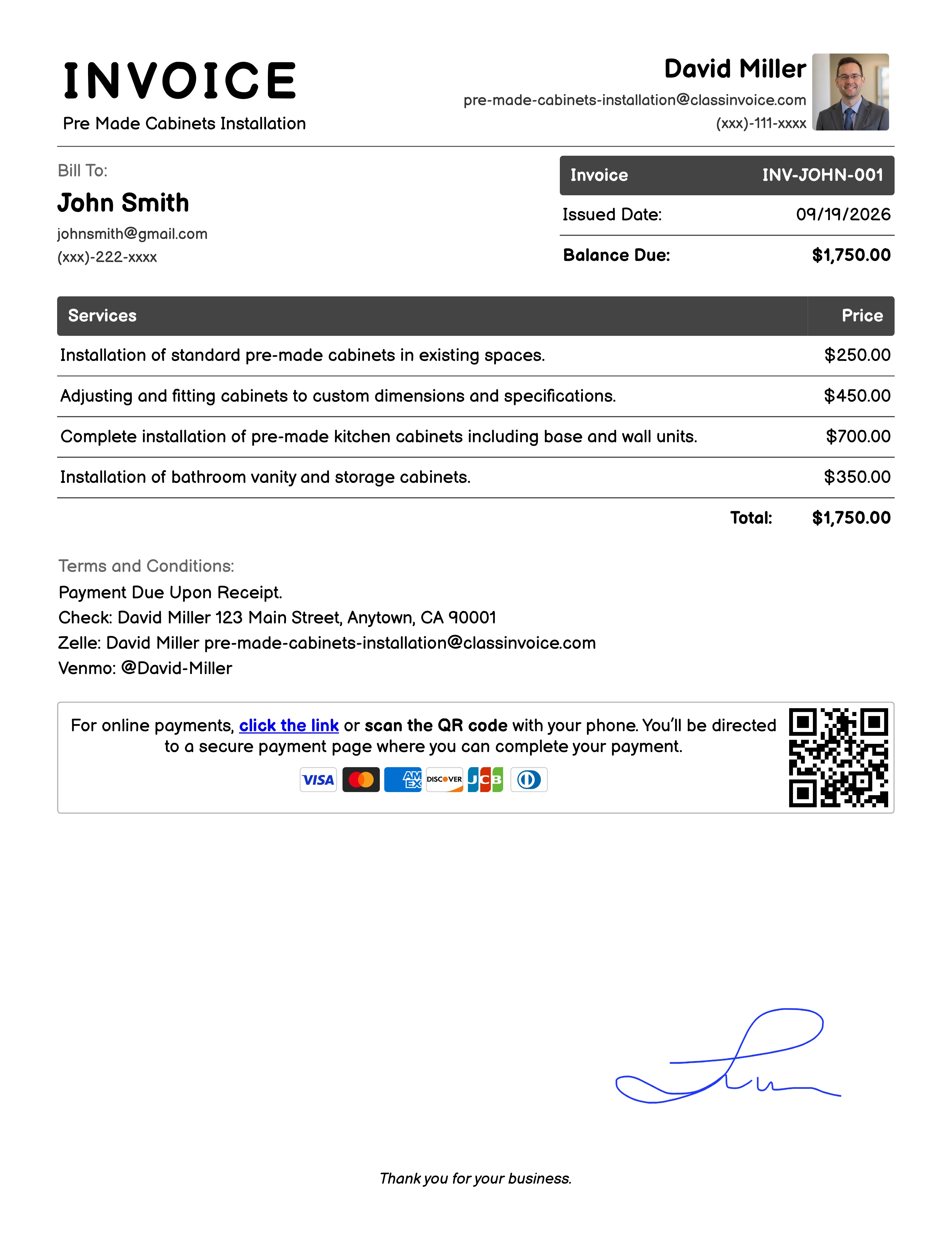 Pre Made Cabinets Installation Invoice Example