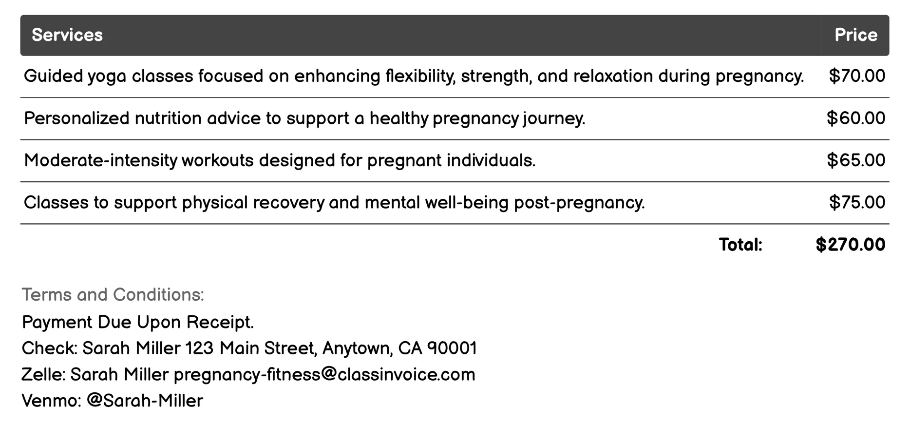 Nutrition and Wellness Coaching Invoice Example