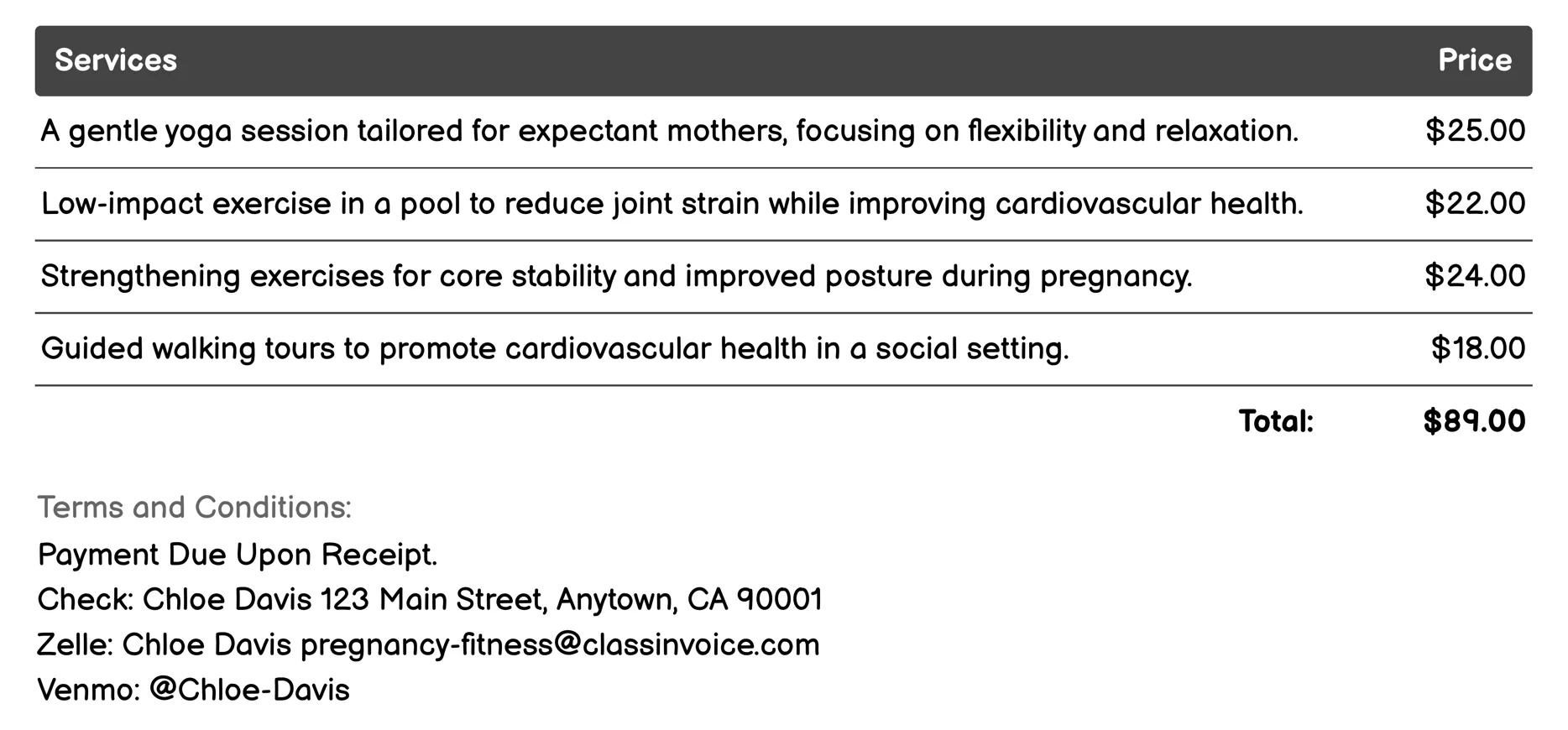 Prenatal Aerobics Invoice Example