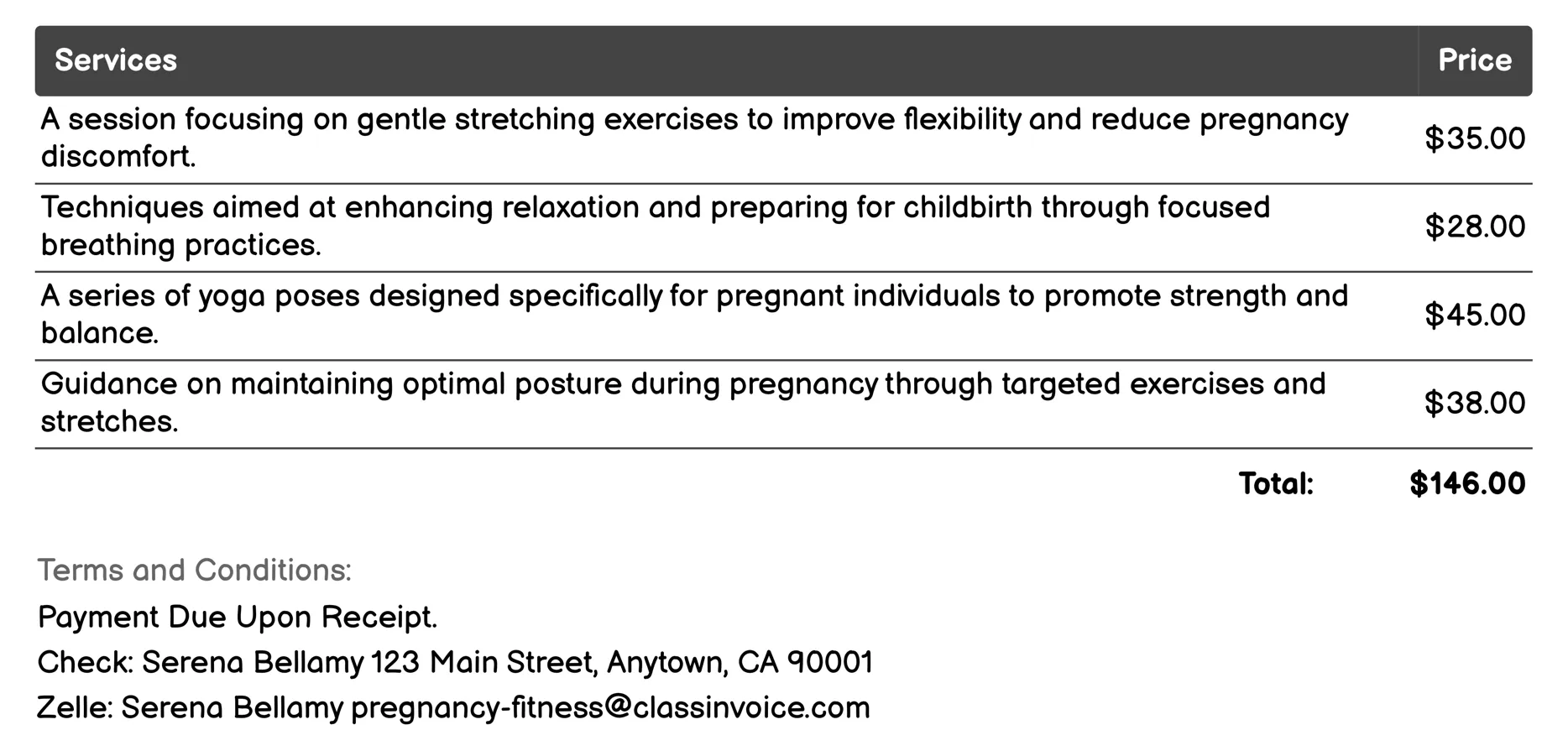 Pre-natal Yoga Invoice Example