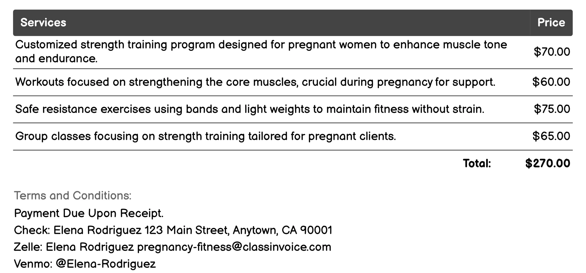 Strength Training Invoice Example