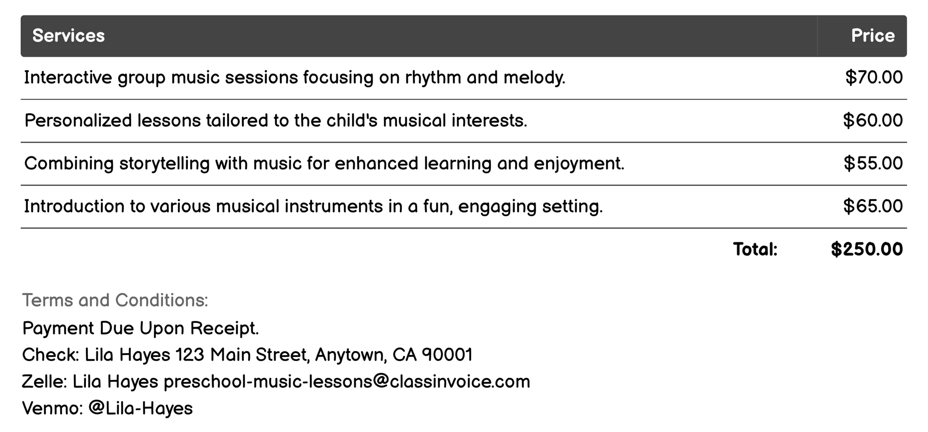 Family Music Time Invoice Example