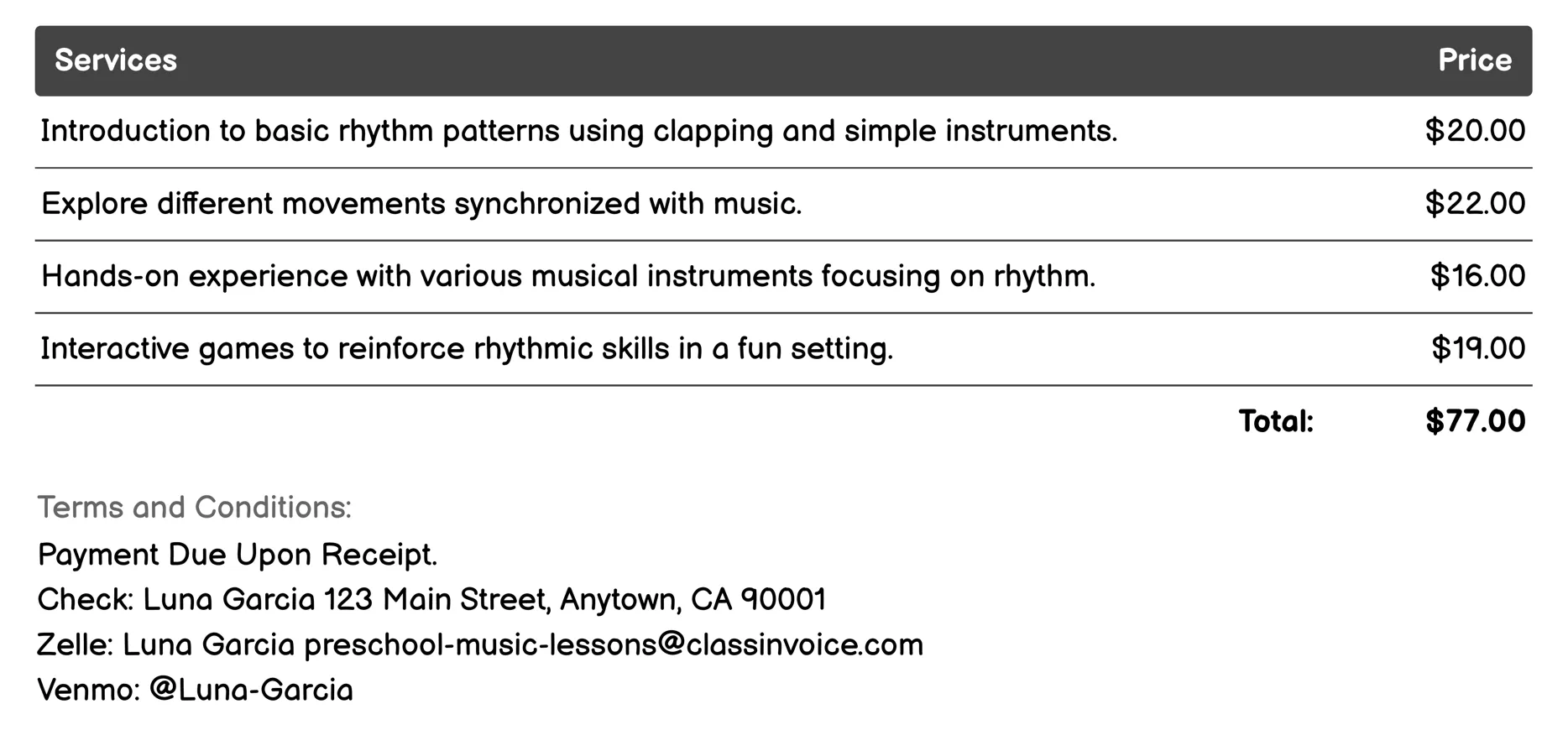 Movement and Rhythm Invoice Example