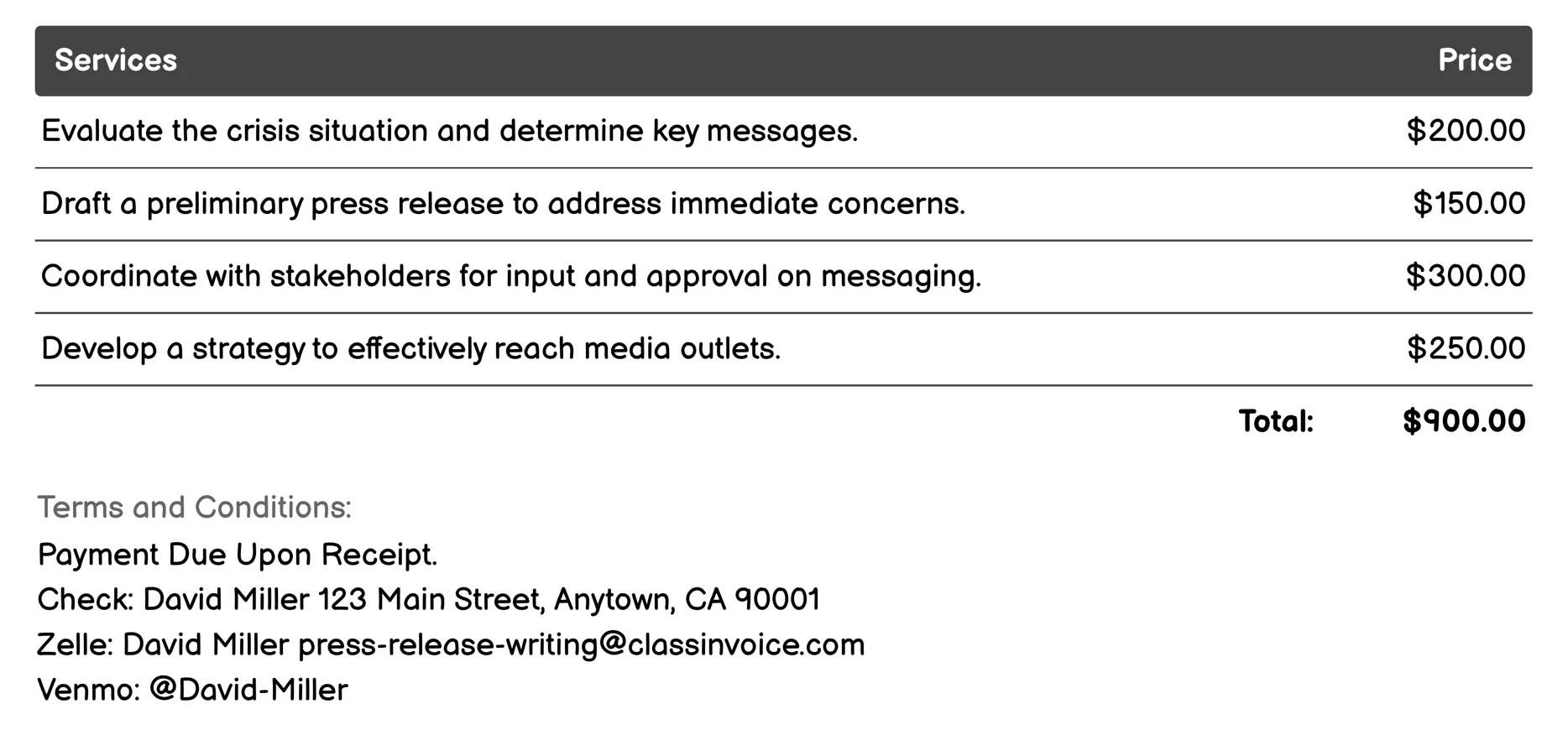 Crisis Communication Invoice Example