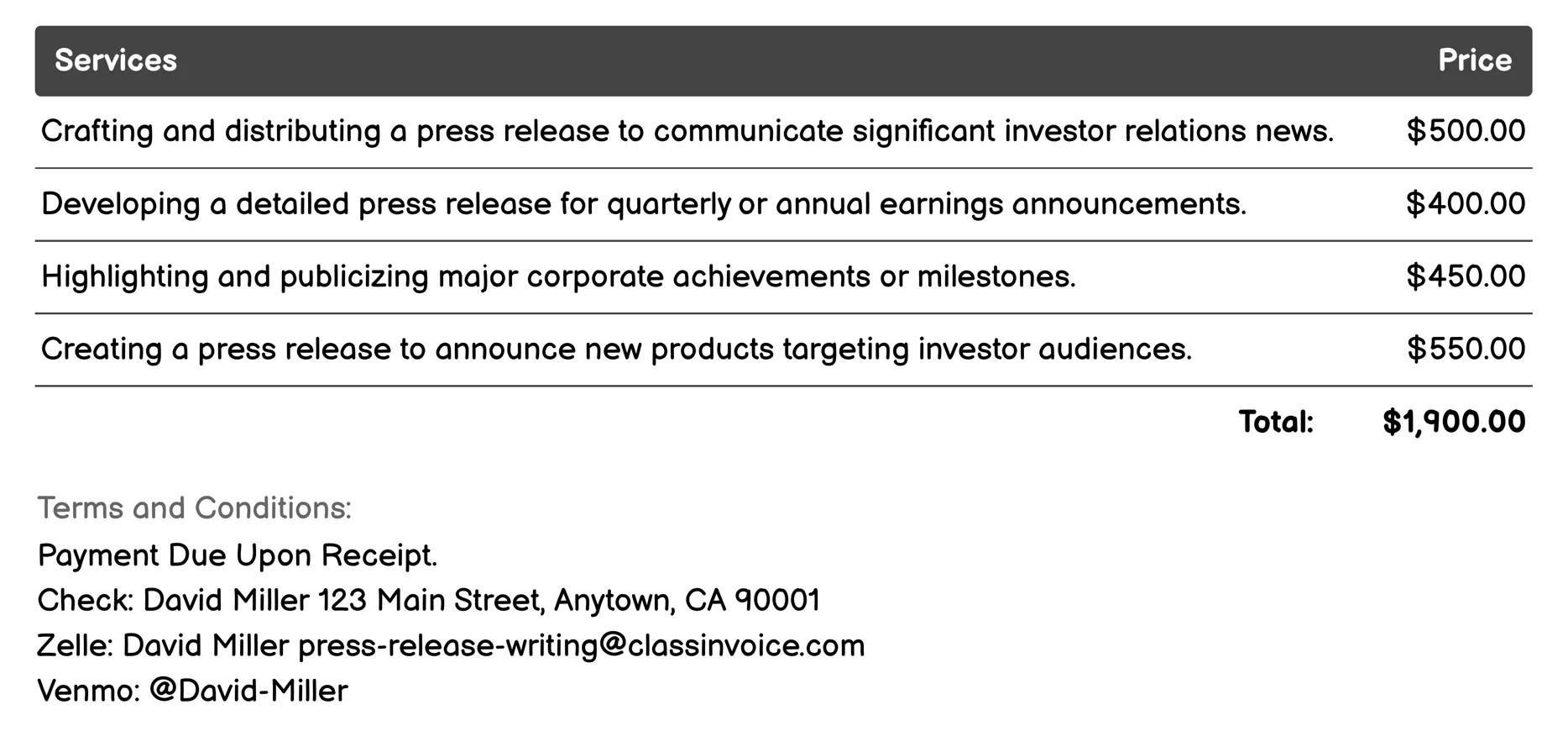 Investor Relations Invoice Example
