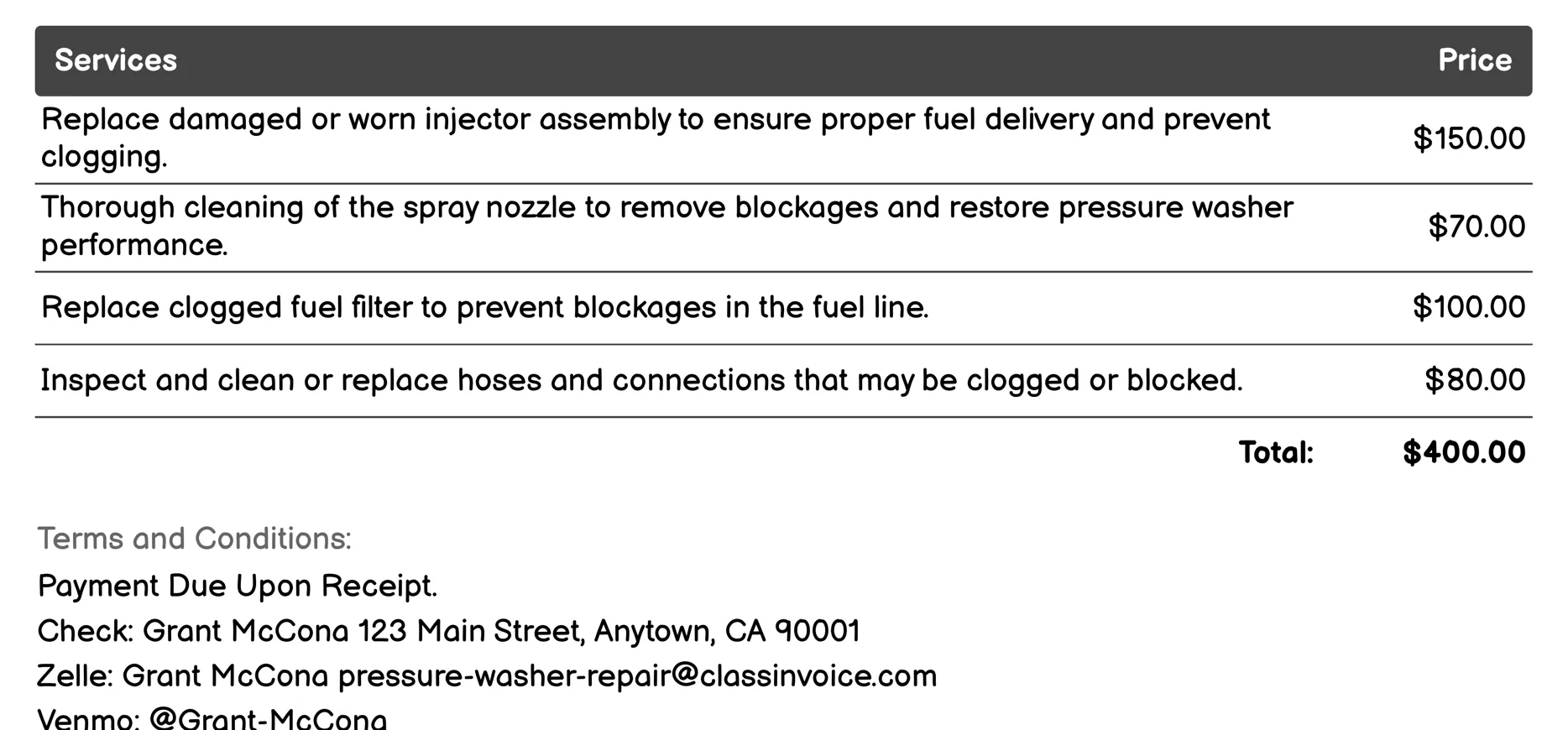 Clog and Blockage Clearance Invoice Example