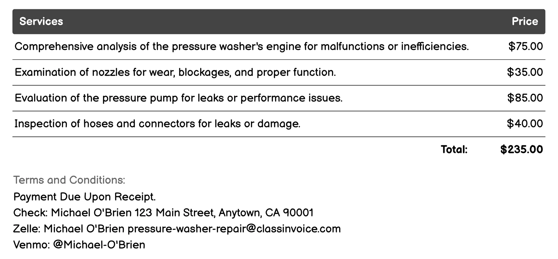 Diagnostic Services Invoice Example