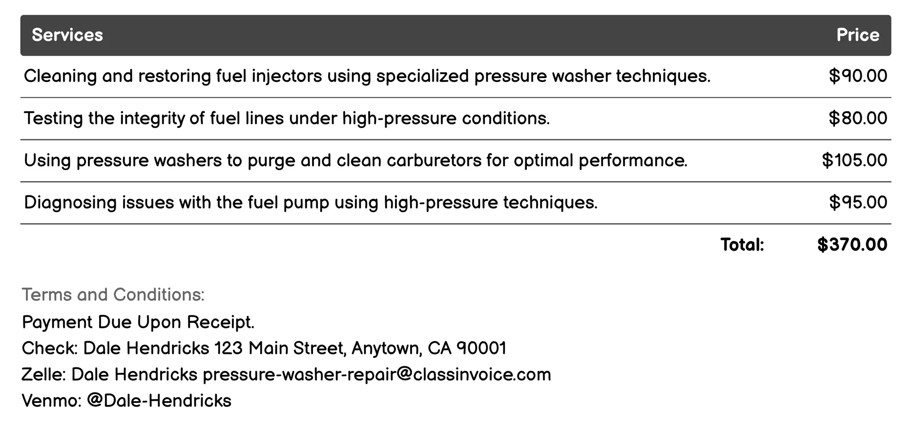 Fuel System Maintenance Invoice Example