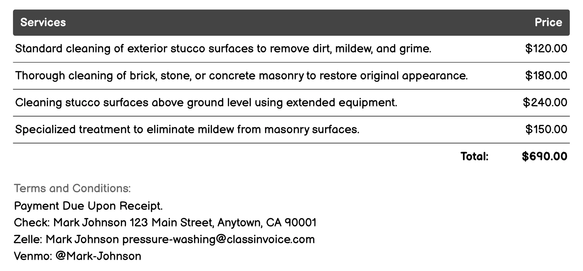 Stucco & Masonry Cleaning Invoice Example